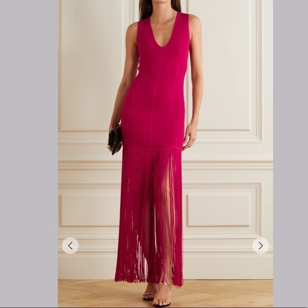 HERVĂ LĂGER Fringed bandage gown V neck Sleeveless red/pink womenâs xl new